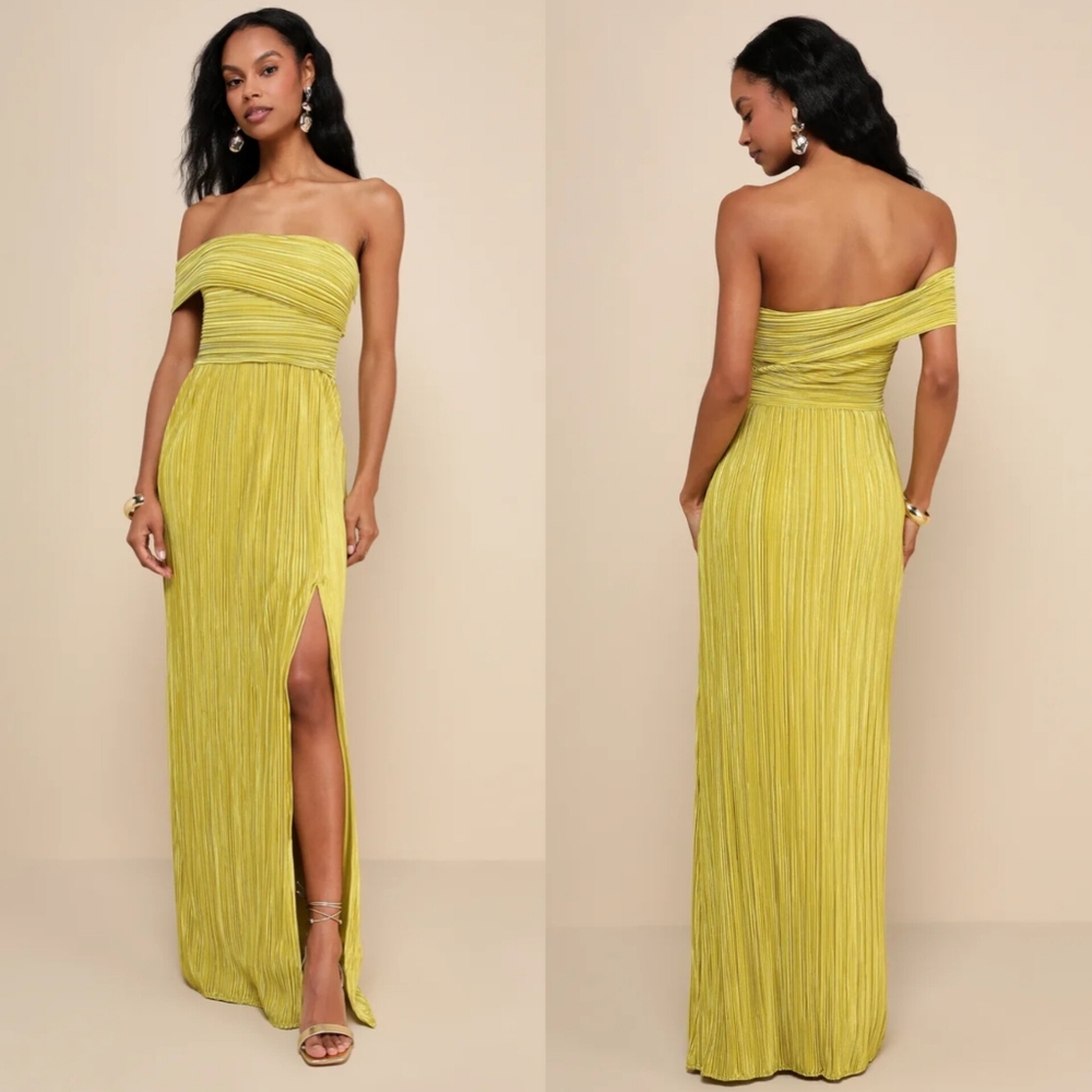 Lulu's One-Shoulder Pleated Maxi Dress in Chartreuse